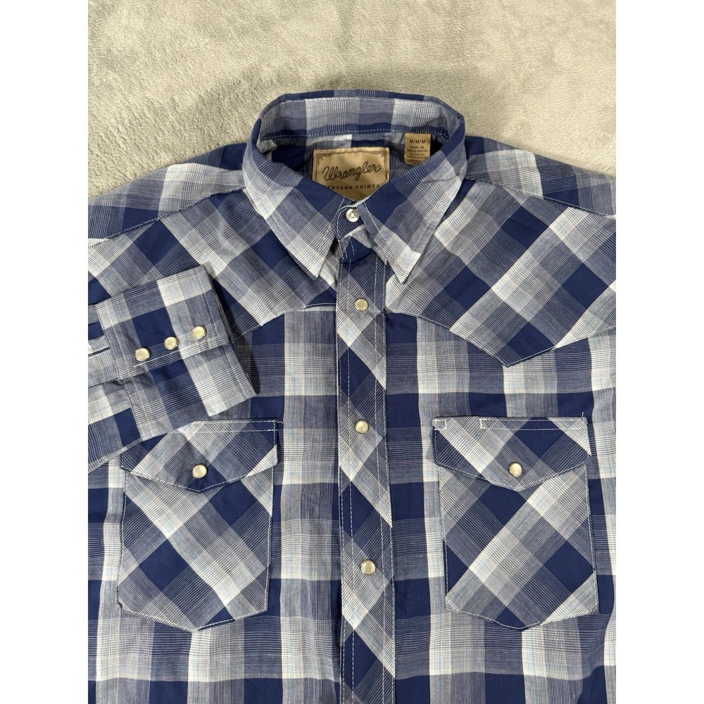 Wrangler Western Shirt Mens Medium Blue Plaid Pearl Snap Long Sleeve